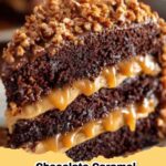 A slice of decadent Chocolate Caramel Toffee Crunch Cake with multiple layers and rich frosting.