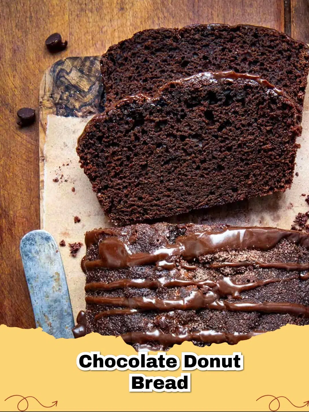 Slice of Chocolate Donut Bread with rich milk chocolate ganache drizzled over it, garnished with chocolate shavings.