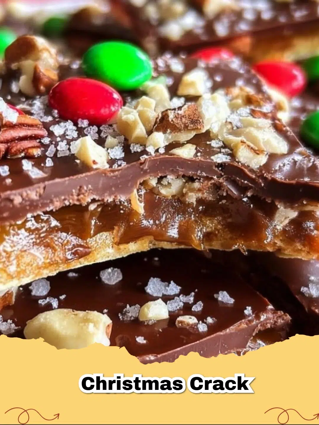 Irresistible Christmas Crack made with saltine crackers, golden caramel, and melted chocolate, sprinkled with sea salt.