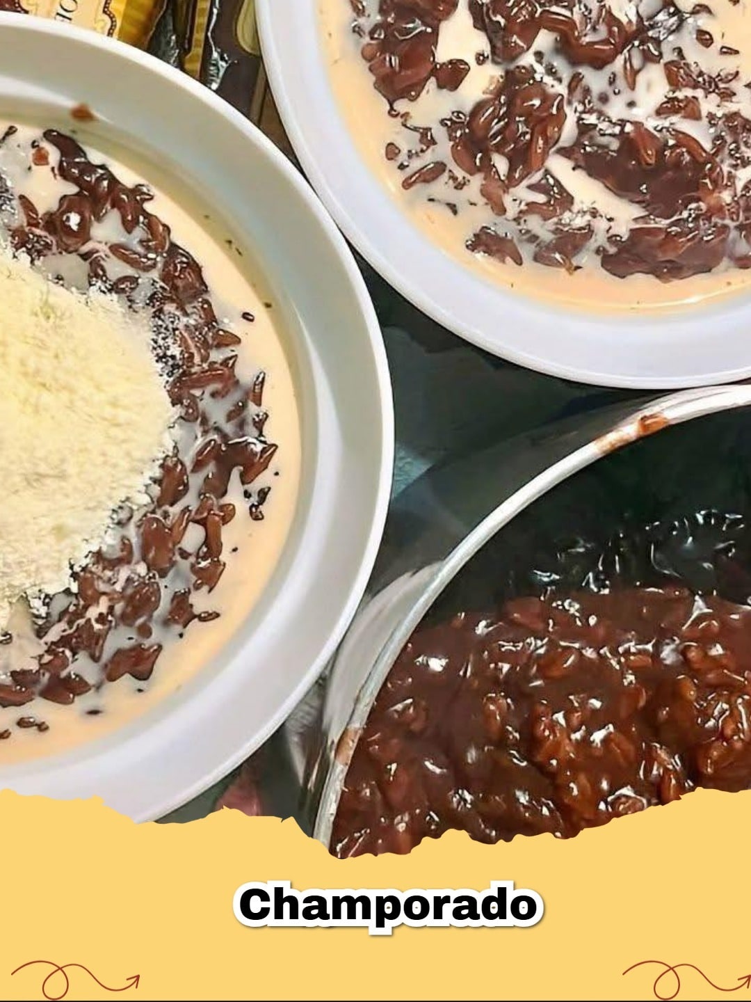 A warm bowl of creamy Filipino Champorado drizzled with milk, garnished for breakfast.