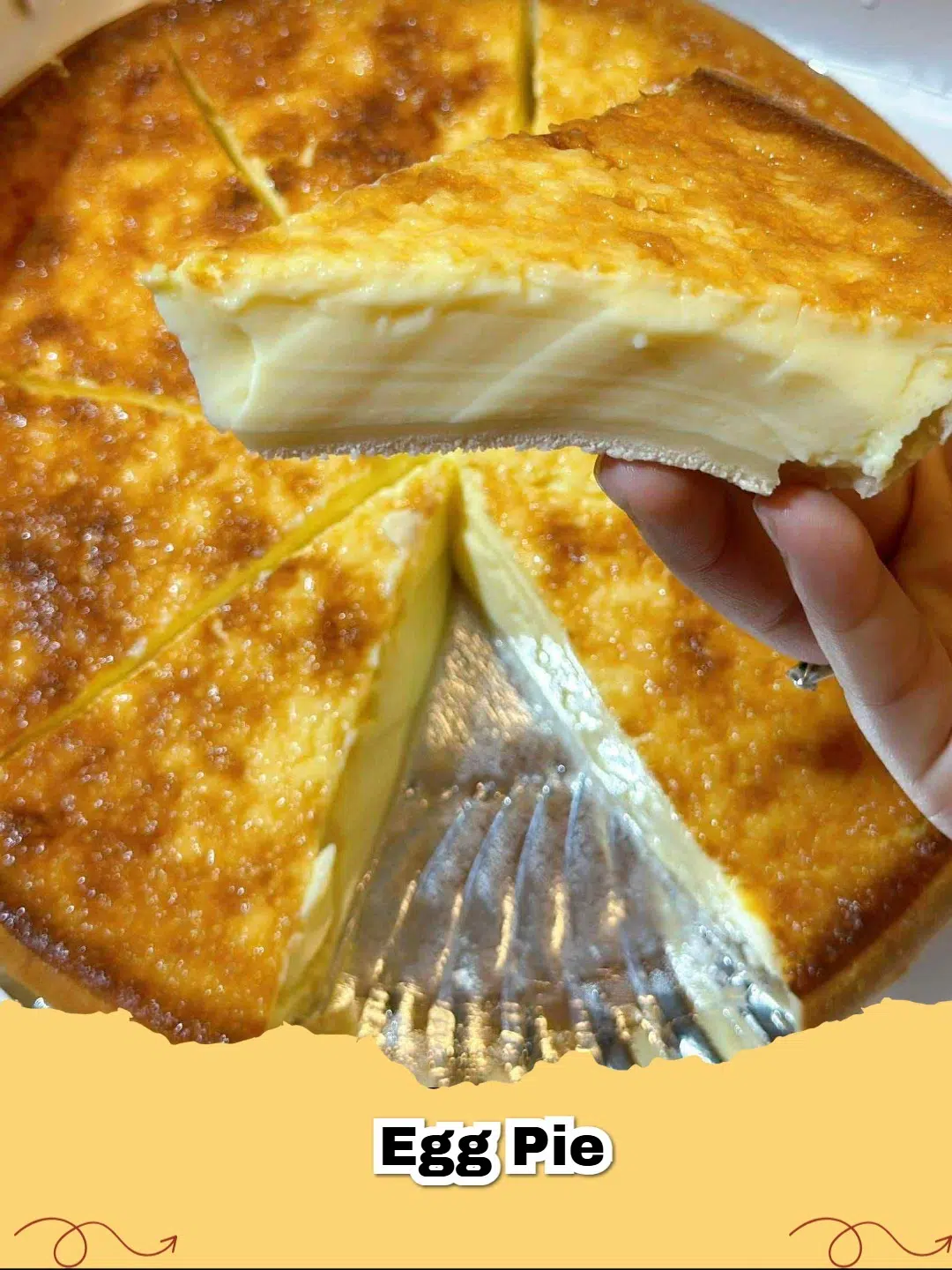 Slice of classic homemade egg pie with a golden custard filling and flaky crust