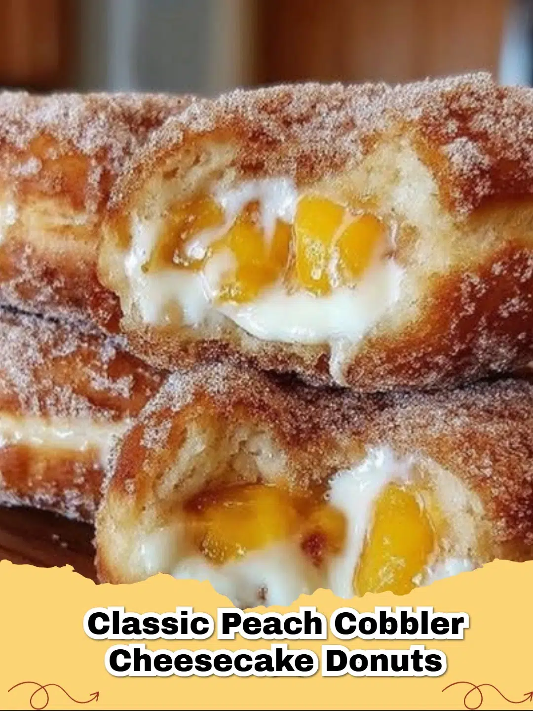 Close-up of a homemade classic peach cobbler cheesecake donut with a creamy filling and chunky peach topping on a cooling rack.