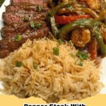Close-up of classic Pepper Steak with rice, featuring tender beef strips, colorful bell peppers, and onions in a rich brown sauce.