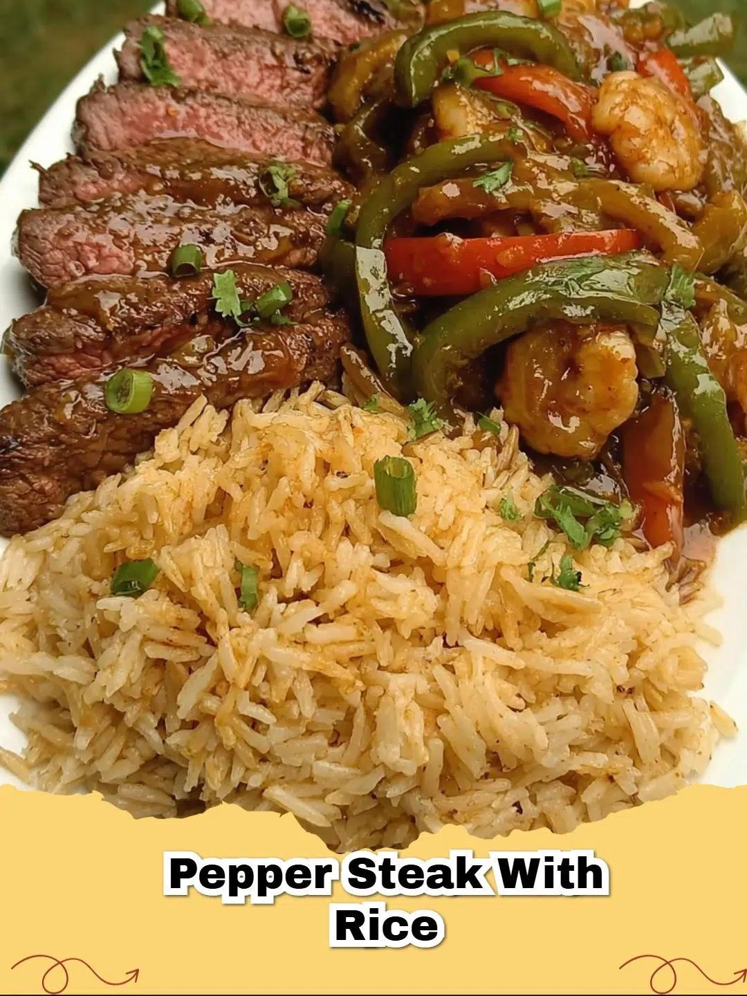 Close-up of classic Pepper Steak with rice, featuring tender beef strips, colorful bell peppers, and onions in a rich brown sauce.