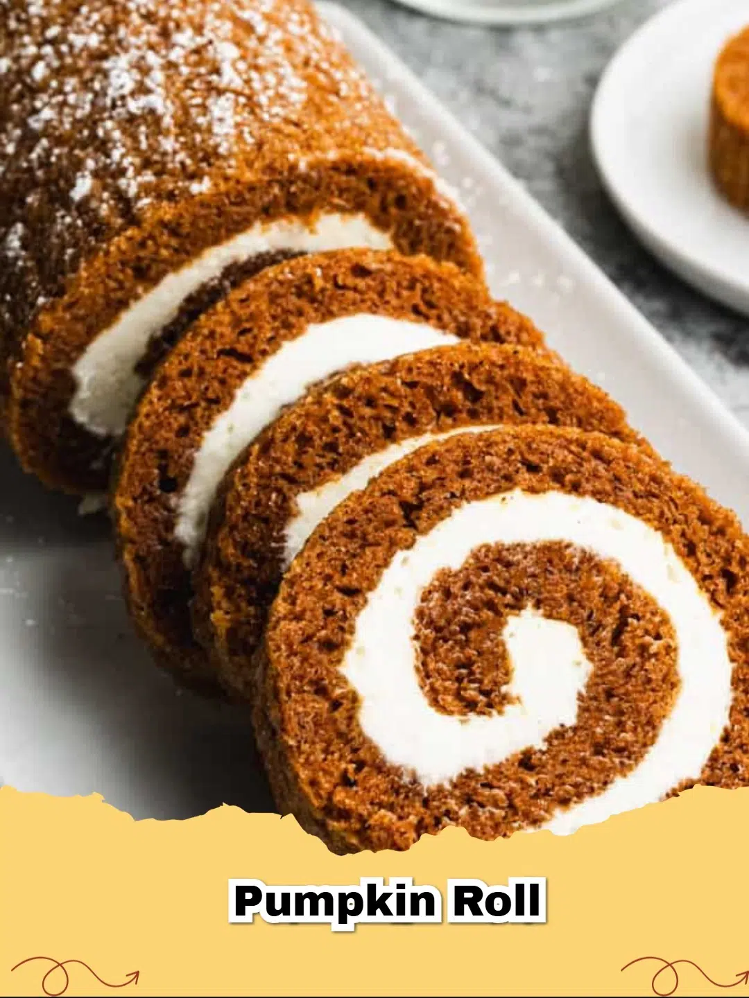 A perfectly sliced pumpkin roll with creamy white frosting and a dusting of powdered sugar, set against a rustic autumn background.
