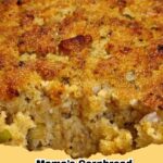 Classic Southern Cornbread Dressing baked golden brown in a casserole dish, garnished with fresh herbs.