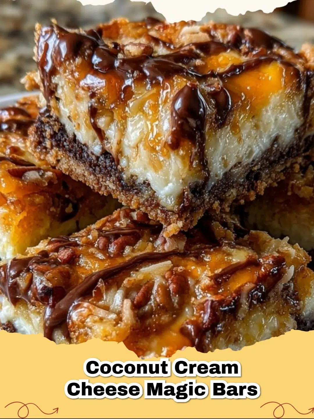 Delicious Coconut Cream Cheese Magic Bars on a white plate with a bite taken out, showcasing the creamy layers.