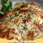 Golden brown Copycat Longhorn Parmesan Crusted Chicken topped with melted cheese sauce, served with green beans.
