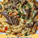 Cowboy Butter Steak Linguine with Roasted Carrots on a white plate, garnished with fresh parsley.