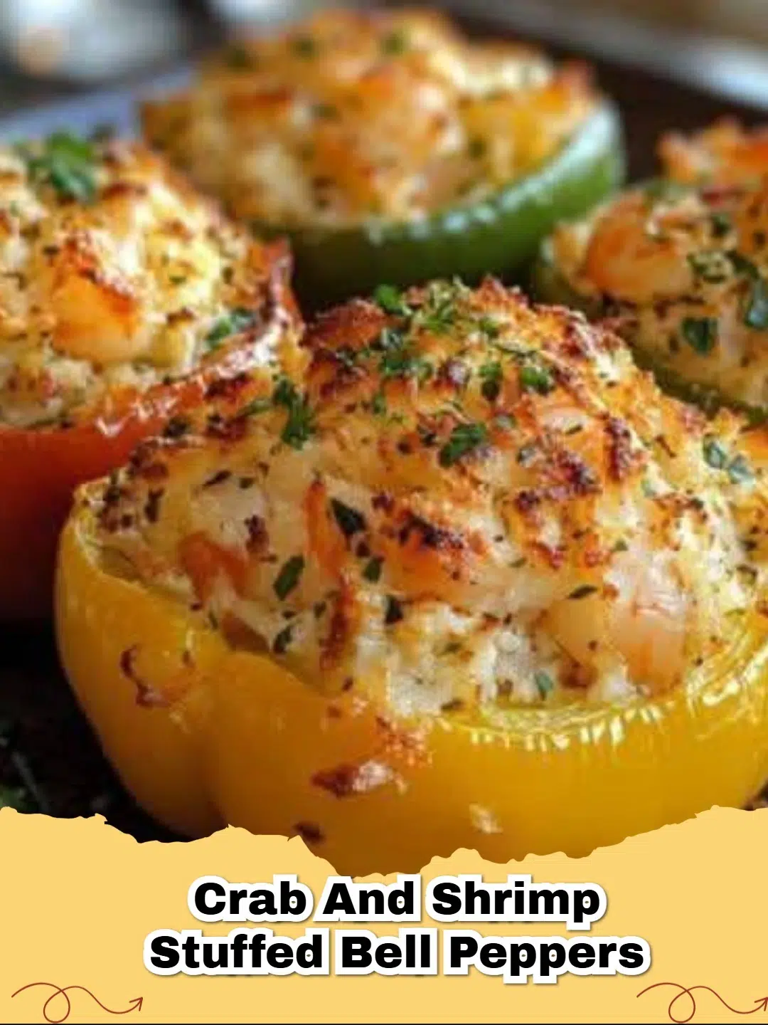 Delicious Crab and Shrimp Stuffed Bell Peppers baked to golden perfection