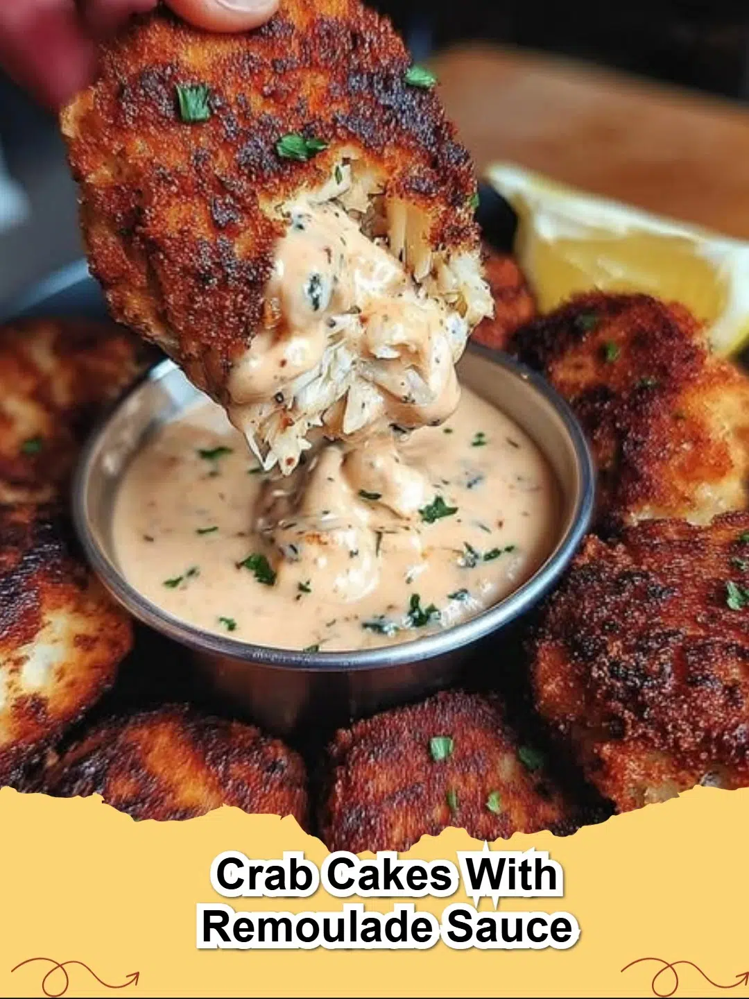Perfectly pan-fried golden Crab Cakes with a side of zesty homemade Remoulade Sauce and fresh lemon.