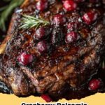 Succulent Cranberry Balsamic Ribeye Roast with sweet potatoes, carved and ready to serve.