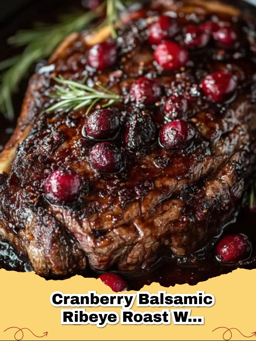 Succulent Cranberry Balsamic Ribeye Roast with sweet potatoes, carved and ready to serve.
