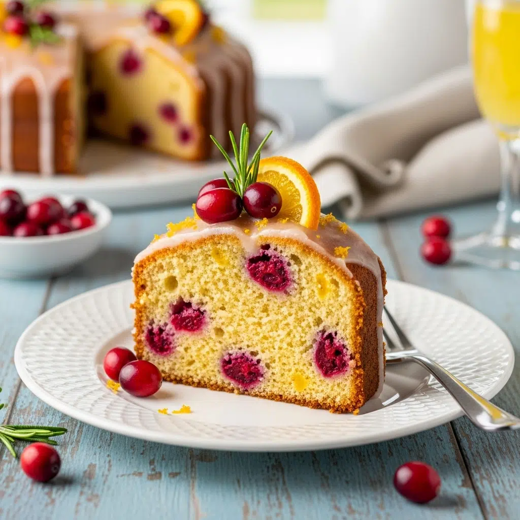A festive Cranberry Mimosa Breakfast Cake loaf with orange glaze, fresh cranberries, and orange zest on a white platter, perfect for brunch.