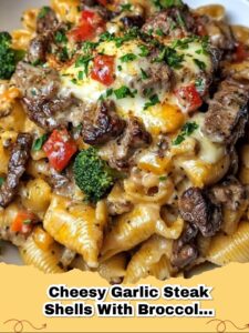 Creamy Cheesy Garlic Steak Pasta Shells with Broccoli & Peppers