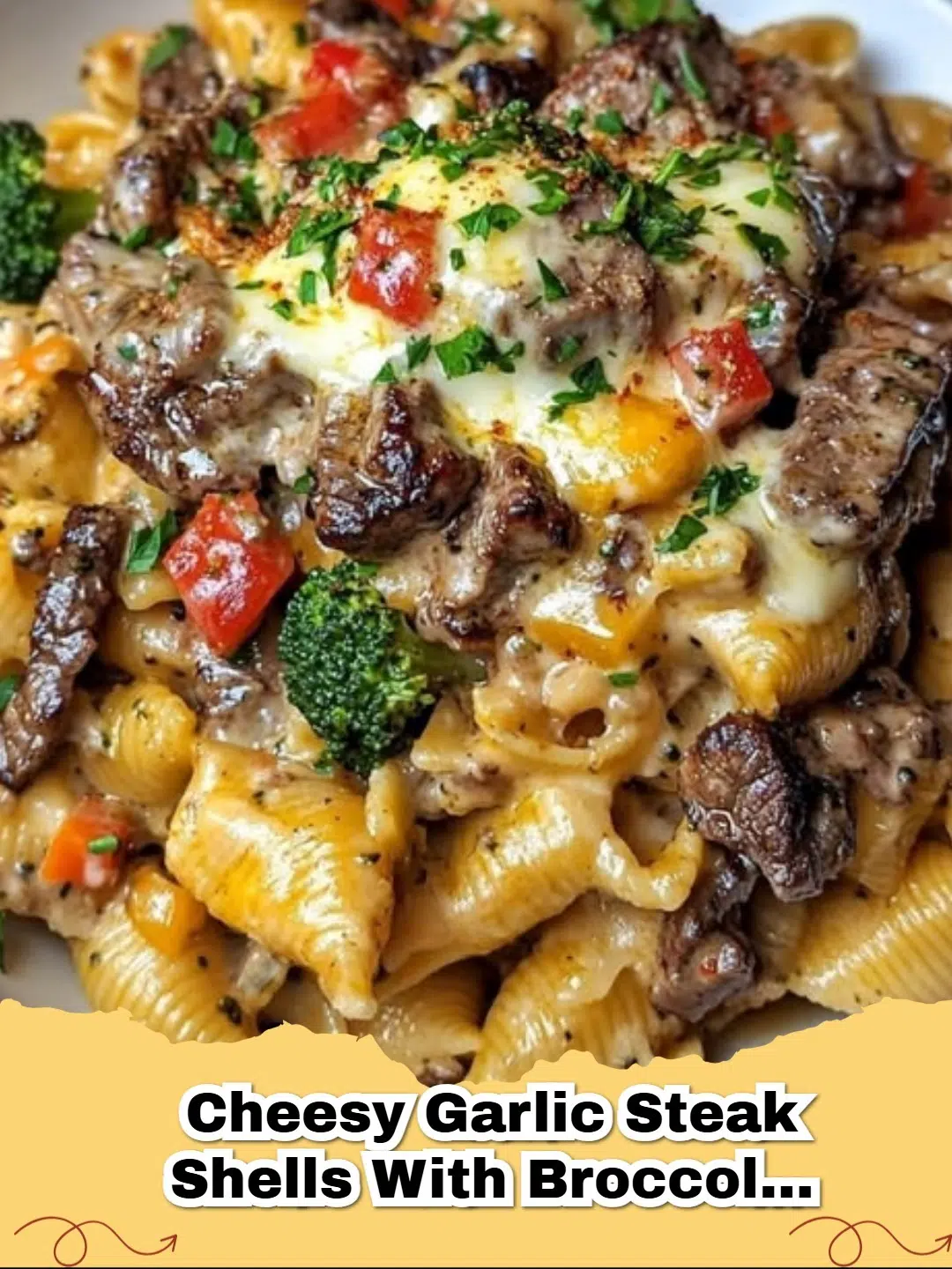 A close-up of creamy cheesy garlic steak pasta shells with broccoli and red bell peppers, garnished with fresh parsley.