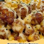 Creamy Honey Pepper Chicken Mac and Cheese in a skillet, topped with fresh parsley