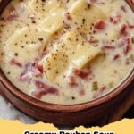 A bowl of creamy Reuben soup topped with melted Swiss cheese, rye croutons, and fresh parsley, on a rustic wooden surface.
