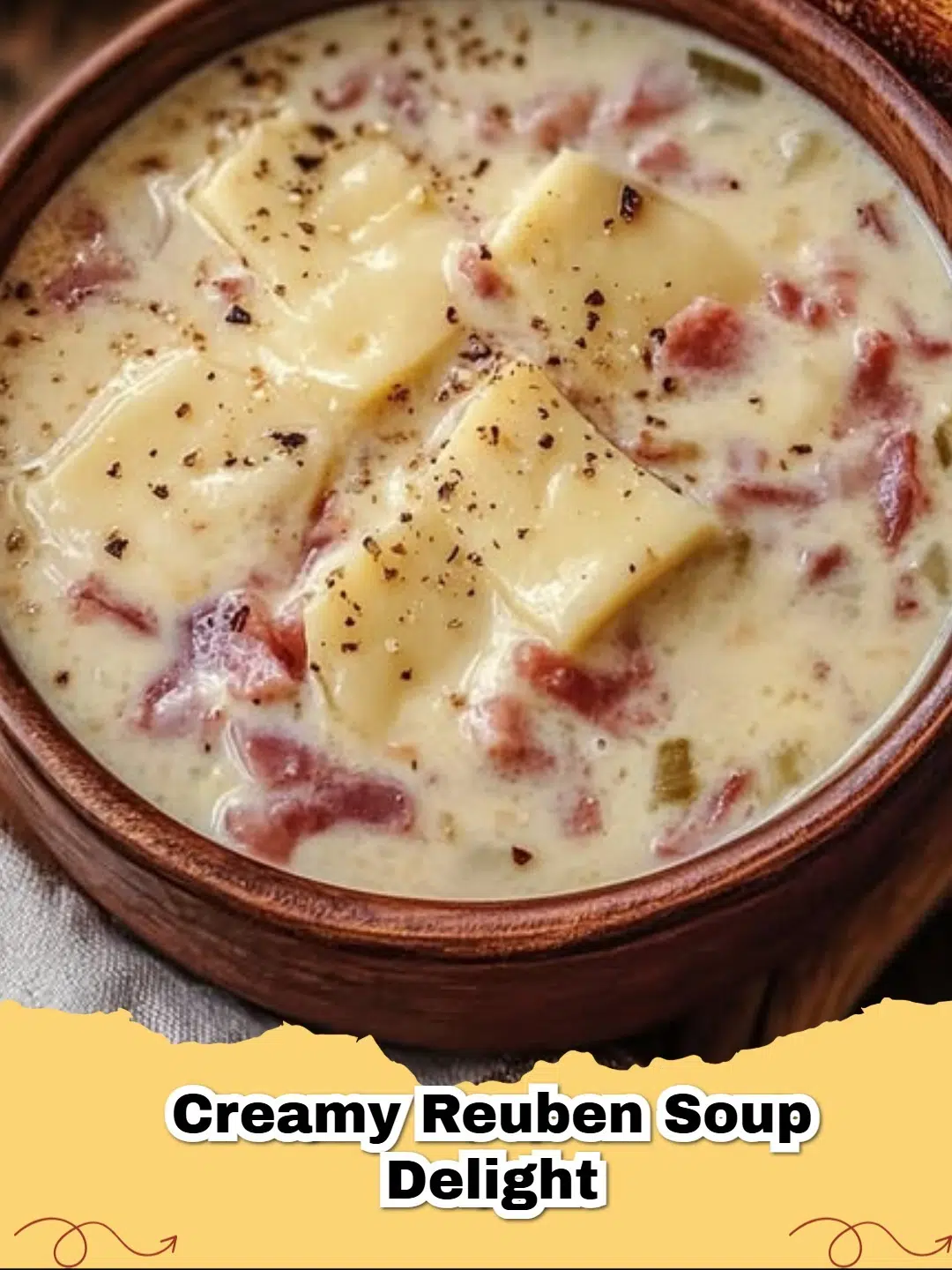 A bowl of creamy Reuben soup topped with melted Swiss cheese, rye croutons, and fresh parsley, on a rustic wooden surface.