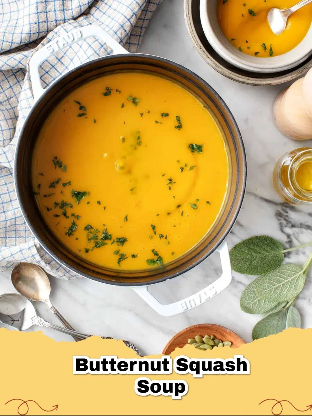 Bowl of creamy roasted butternut squash soup garnished with a swirl of cream and fresh herbs