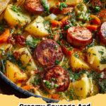 A hearty bowl of creamy sausage and potato stew garnished with fresh parsley.