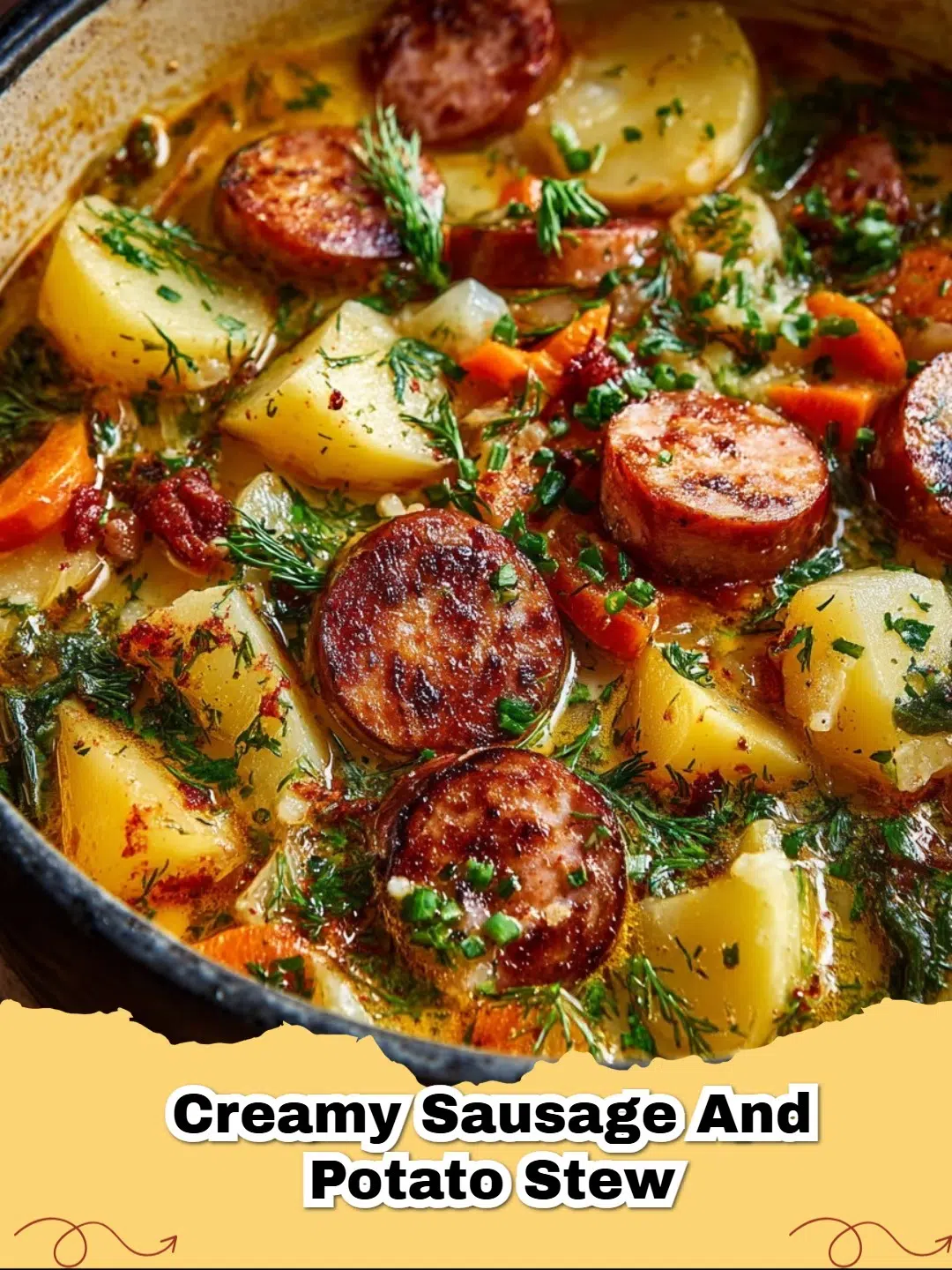 A hearty bowl of creamy sausage and potato stew garnished with fresh parsley.