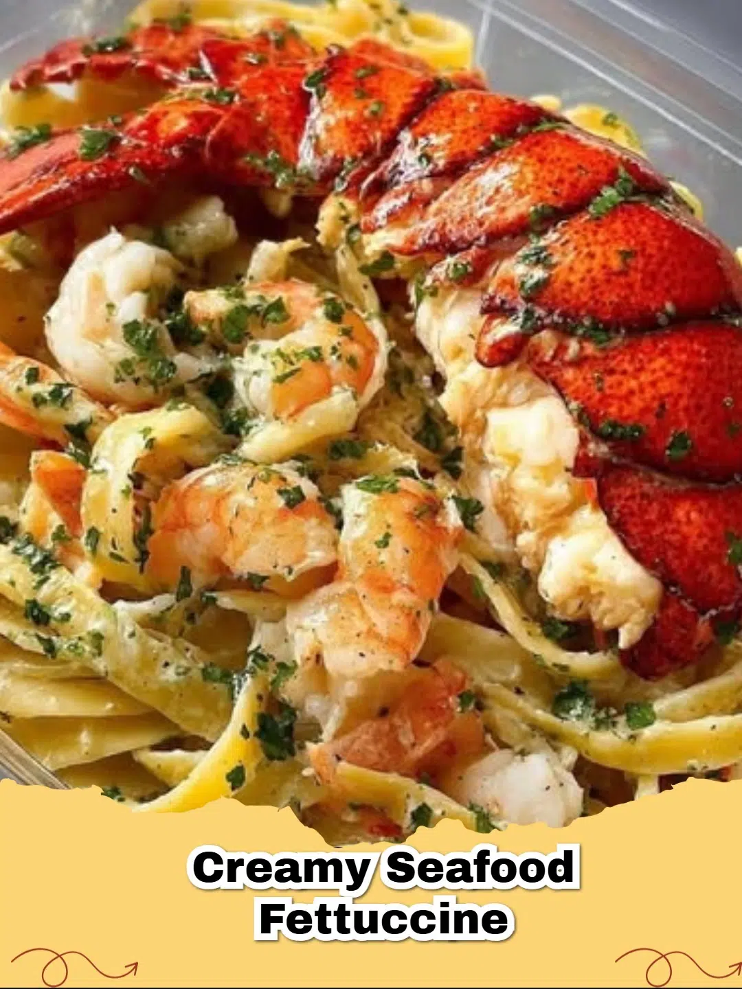 Delicious Creamy Seafood Fettuccine with shrimp and scallops, resembling takeout style pasta.