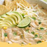 Creamy White Chicken Chili in a bowl with toppings
