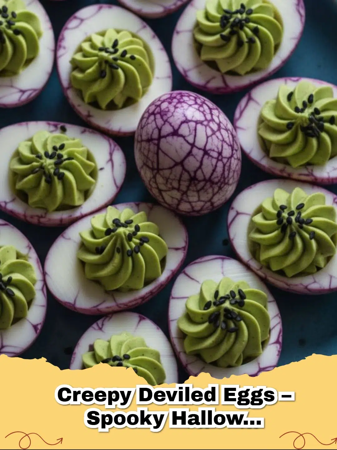 A platter of creepy deviled eggs with black olive spiders and red food coloring for a spooky Halloween appetizer idea.