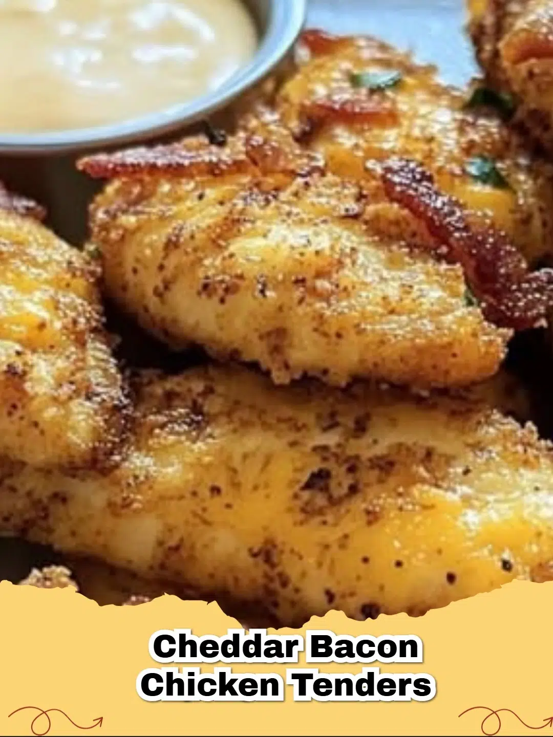 Crispy Baked Cheddar Bacon Chicken Tenders on a parchment-lined baking sheet with dipping sauce.