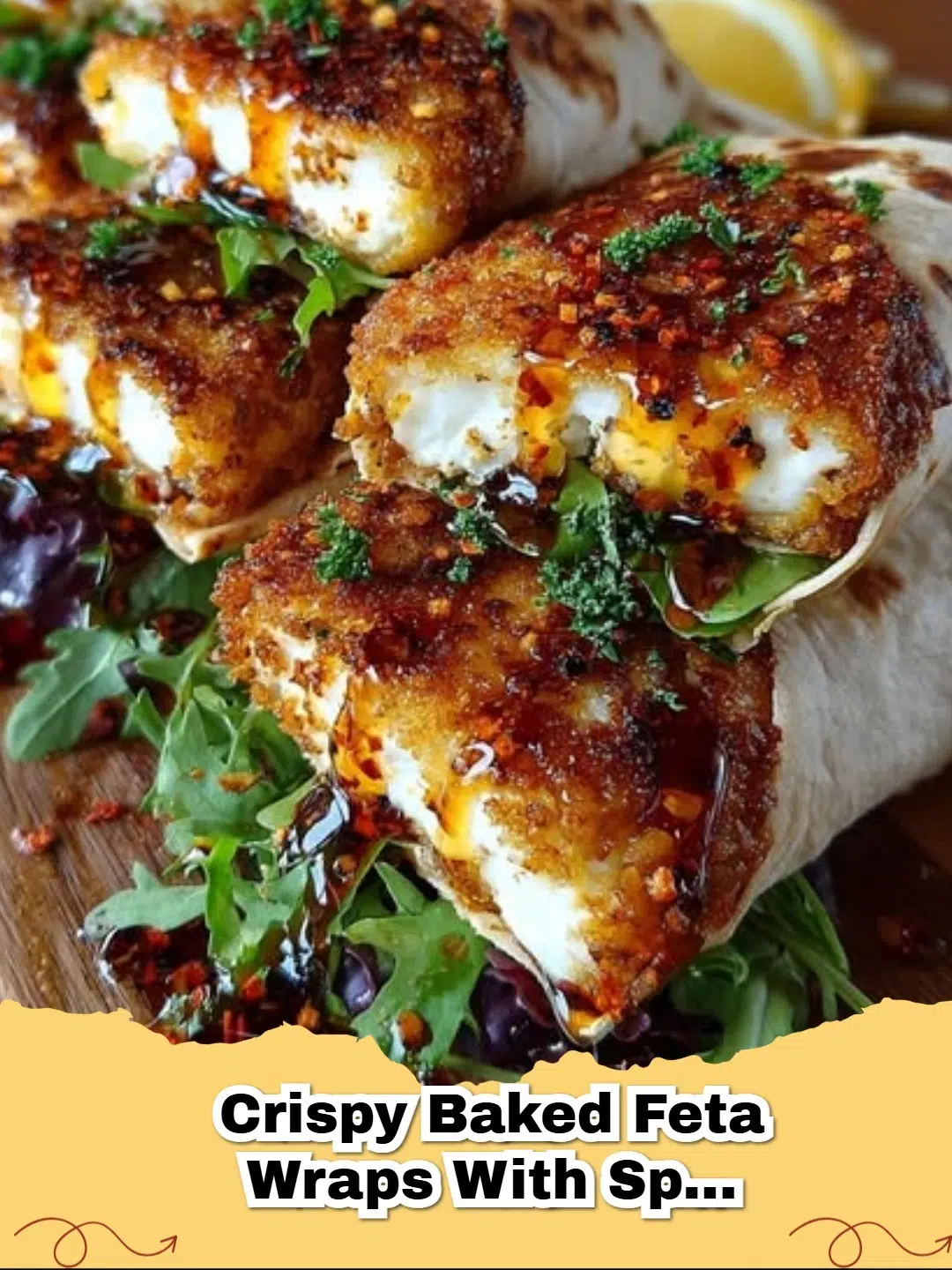 Crispy Baked Feta Wraps with Spicy Honey Drizzle, golden brown in flaky phyllo with a sweet and spicy sauce.