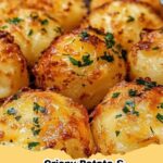 Golden brown crispy cheesy potato bombs coated in garlic butter on a serving plate.