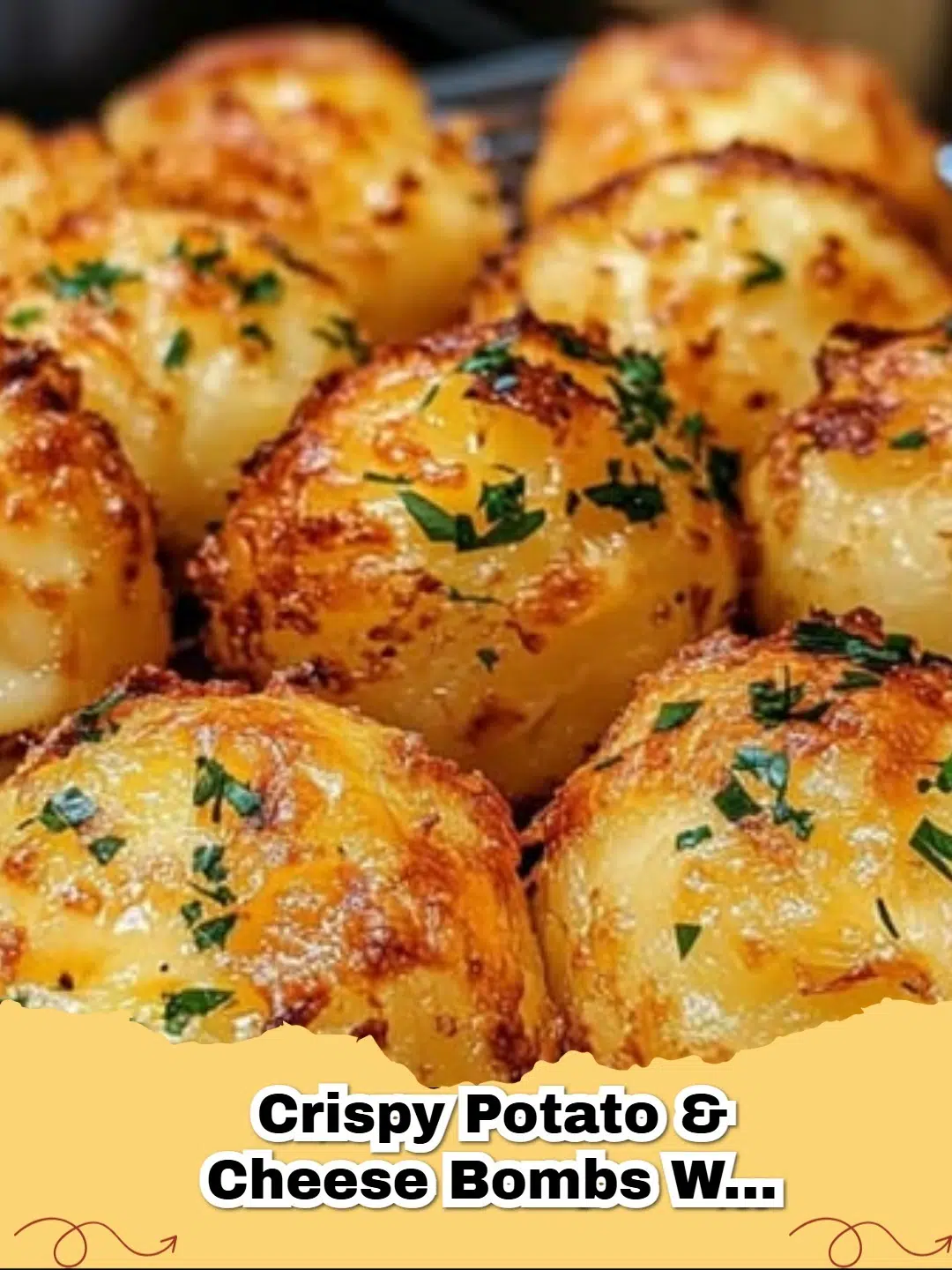 Golden brown crispy cheesy potato bombs coated in garlic butter on a serving plate.