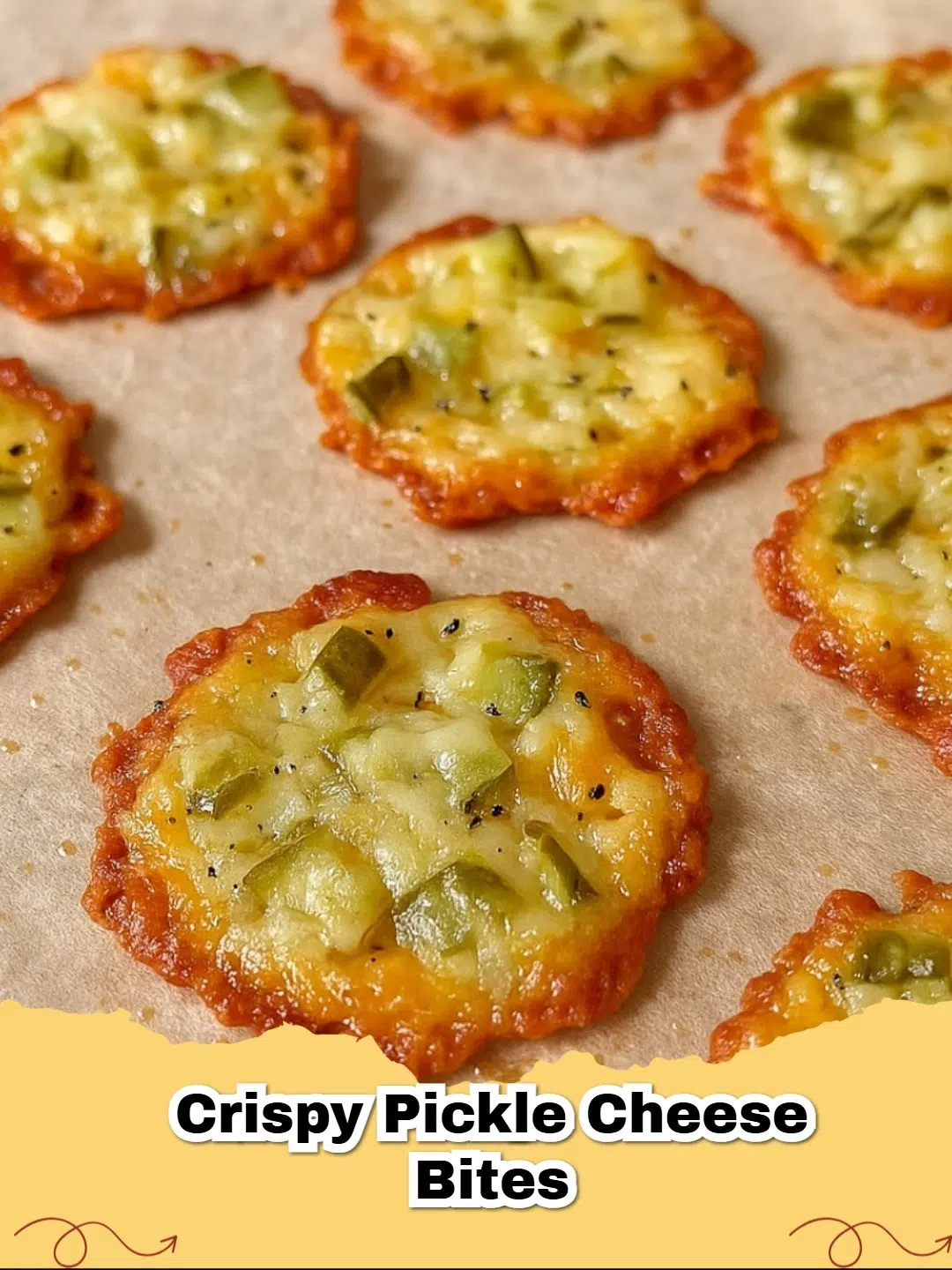 Close-up of golden brown, crispy dill pickle cheese bites on a baking sheet, garnished with fresh dill.