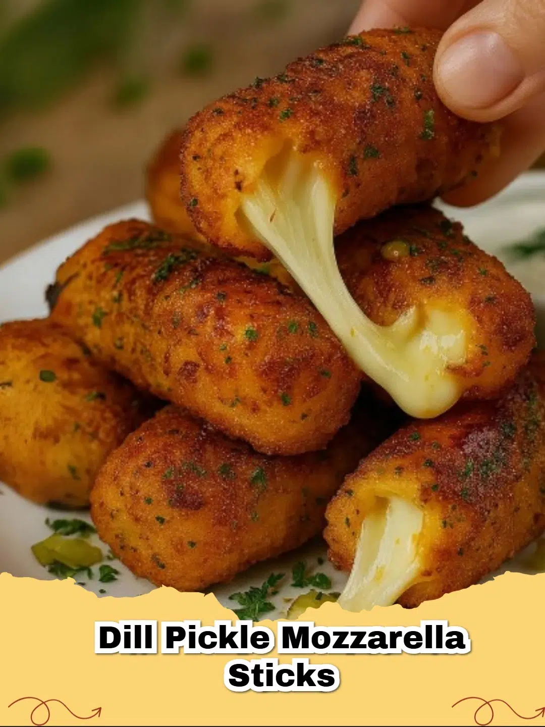 Crispy golden dill pickle mozzarella sticks with a gooey cheese pull, served with dipping sauce.