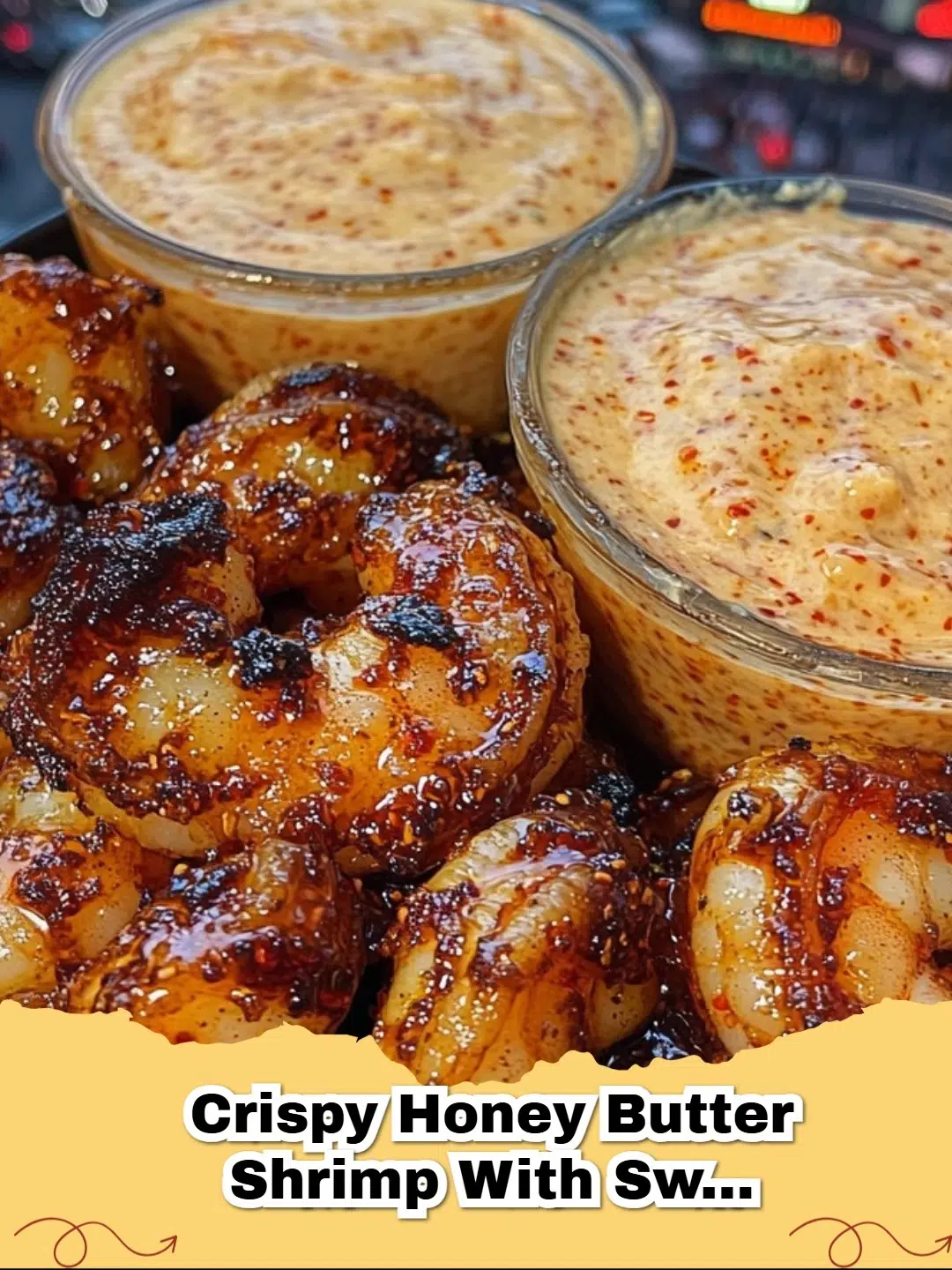 Plate of golden Crispy Honey Butter Shrimp with Sweet Chili Dip, garnished with fresh cilantro and lime wedges.