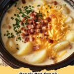 A steaming bowl of creamy Crock Pot Crack Potato Soup topped with crispy bacon, shredded cheddar cheese, and green onions, ready to be enjoyed.