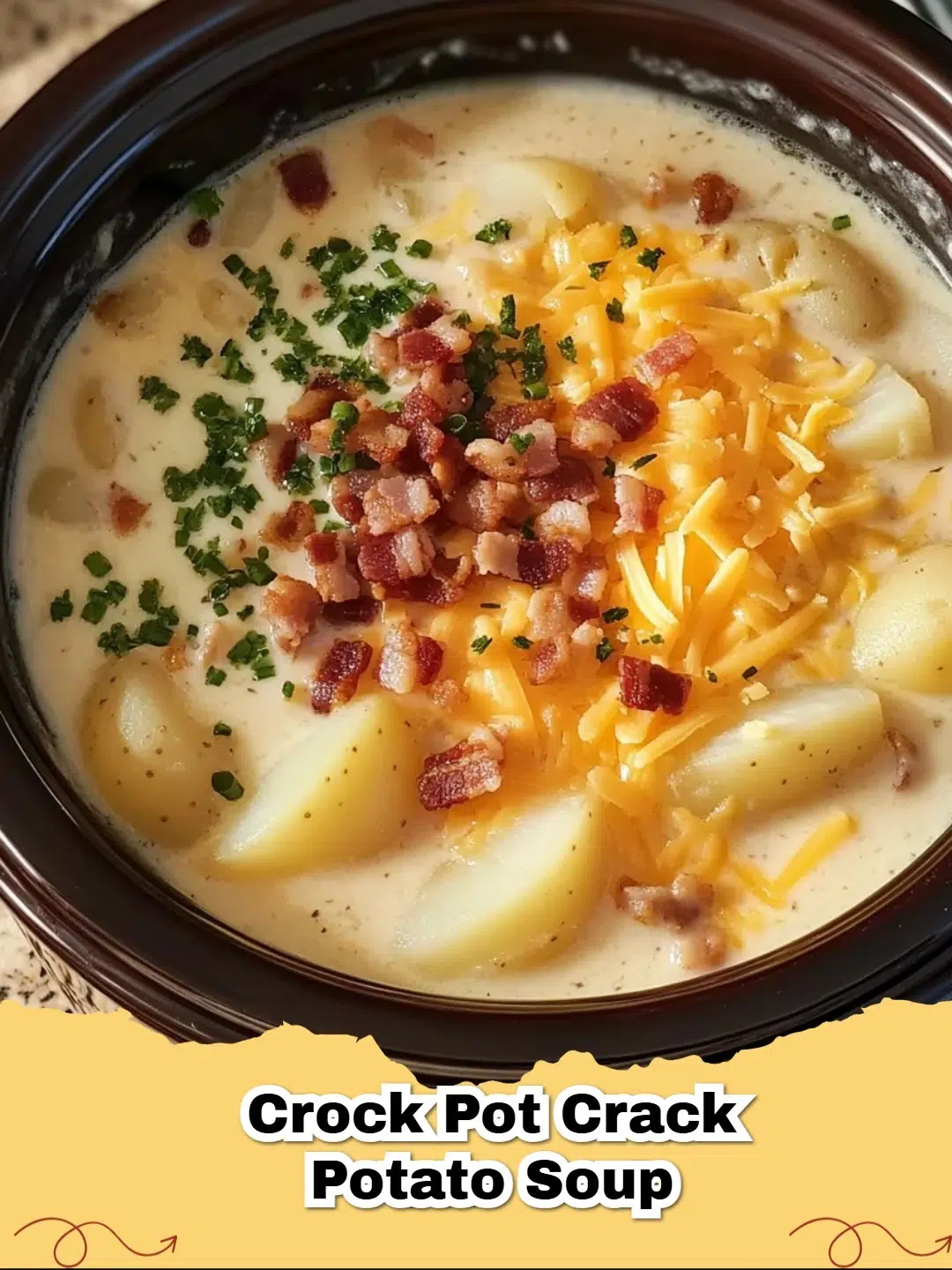 A steaming bowl of creamy Crock Pot Crack Potato Soup topped with crispy bacon, shredded cheddar cheese, and green onions, ready to be enjoyed.