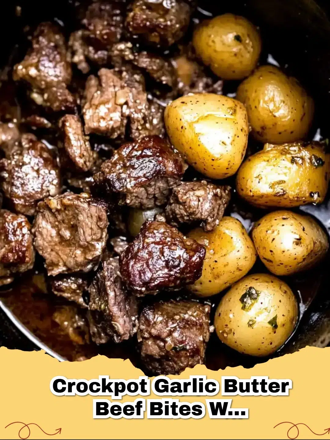 A bowl of hearty Crockpot Garlic Butter Beef Bites with Potatoes, featuring tender beef and soft potatoes in a rich, savory sauce.