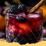 Dark Blackberry Rum Apple Cider Cocktail with blackberries and cinnamon stick garnish, perfect for fall