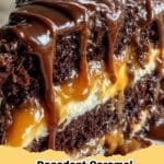 A slice of decadent caramel cake with chocolate drizzle on a plate, showing moist chocolate layers and rich caramel.