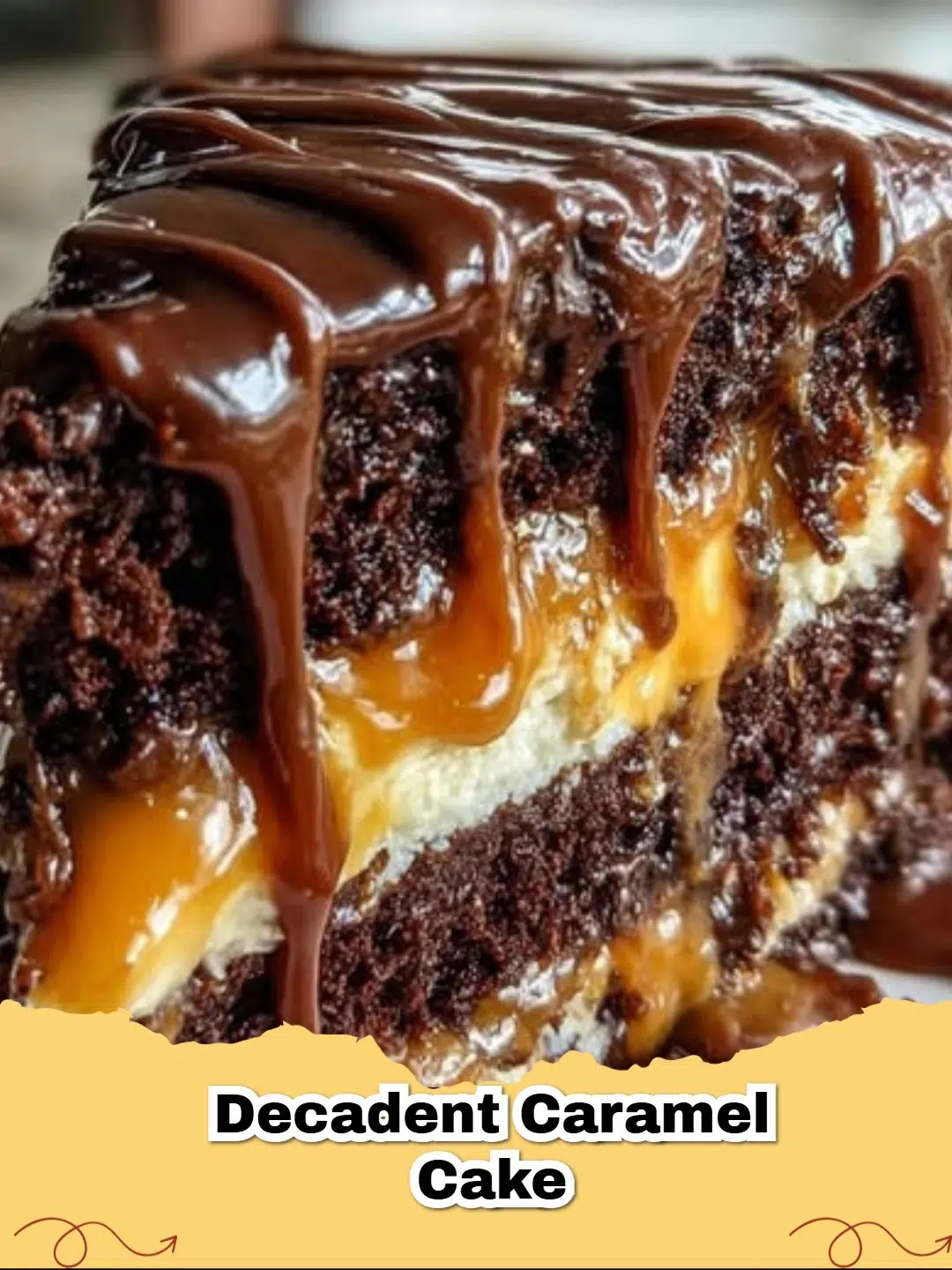 A slice of decadent caramel cake with chocolate drizzle on a plate, showing moist chocolate layers and rich caramel.