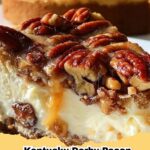 A slice of decadent Kentucky Derby Pecan Pie Cheesecake on a white plate, showcasing the graham cracker crust, creamy cheesecake layer, and rich, gooey pecan topping.