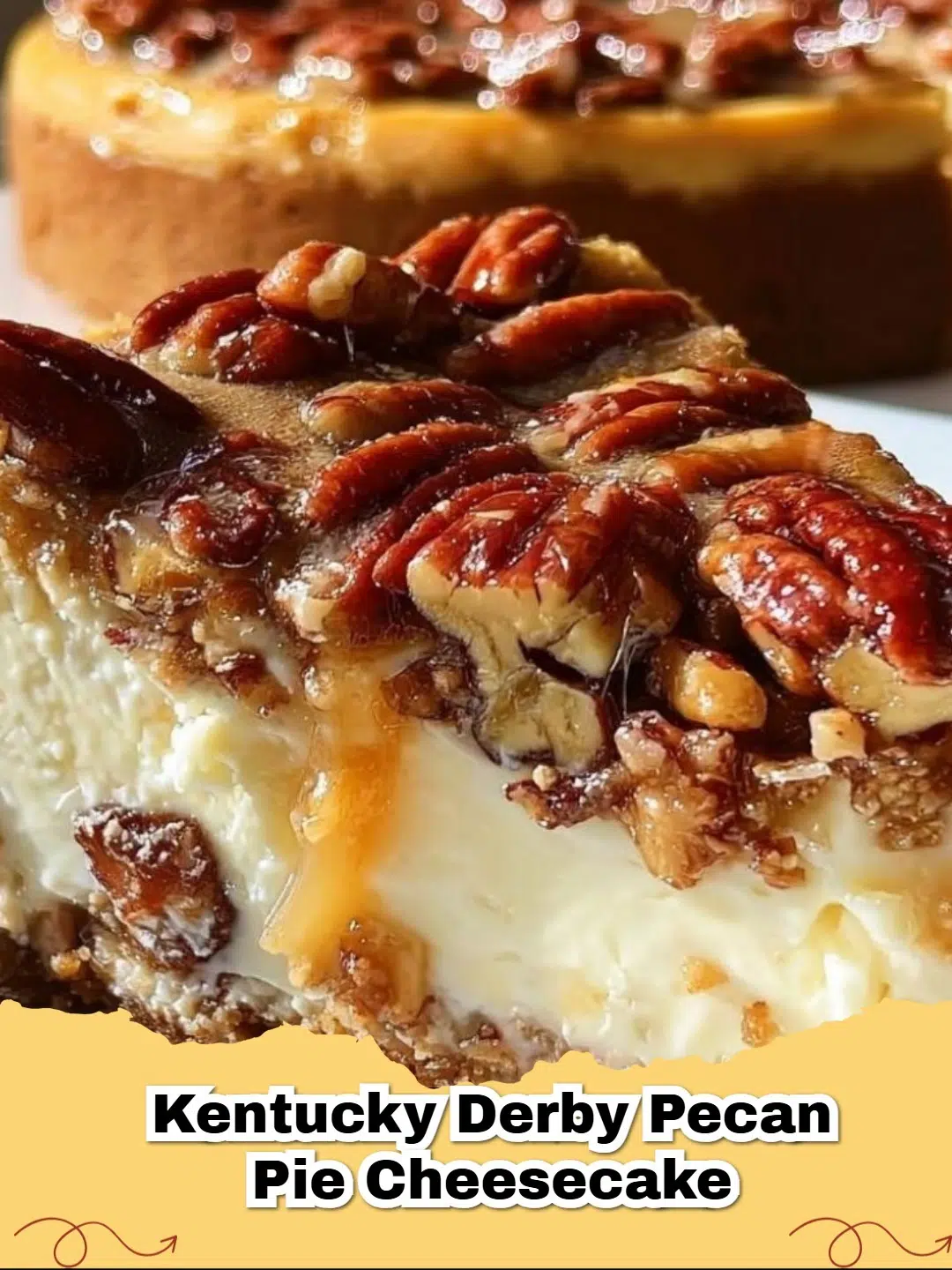 A slice of decadent Kentucky Derby Pecan Pie Cheesecake on a white plate, showcasing the graham cracker crust, creamy cheesecake layer, and rich, gooey pecan topping.