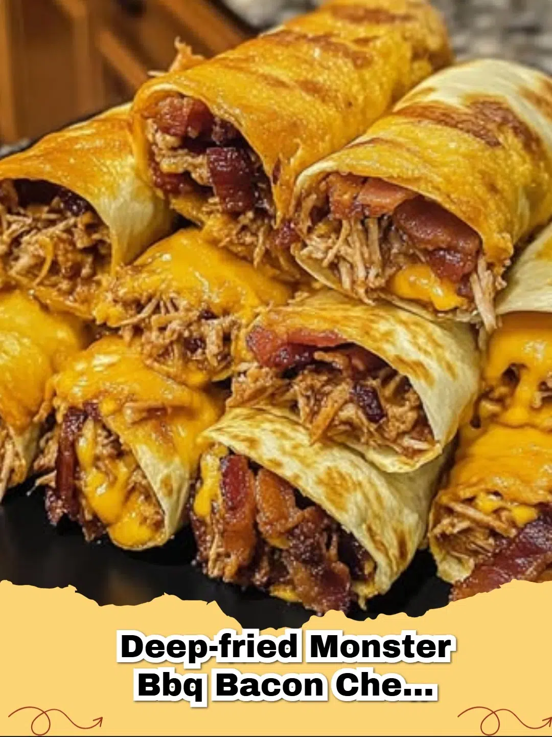 Platter of golden brown Deep-Fried BBQ Bacon Cheese Rolls, garnished with a sprinkle of fresh parsley and a side of BBQ dipping sauce.