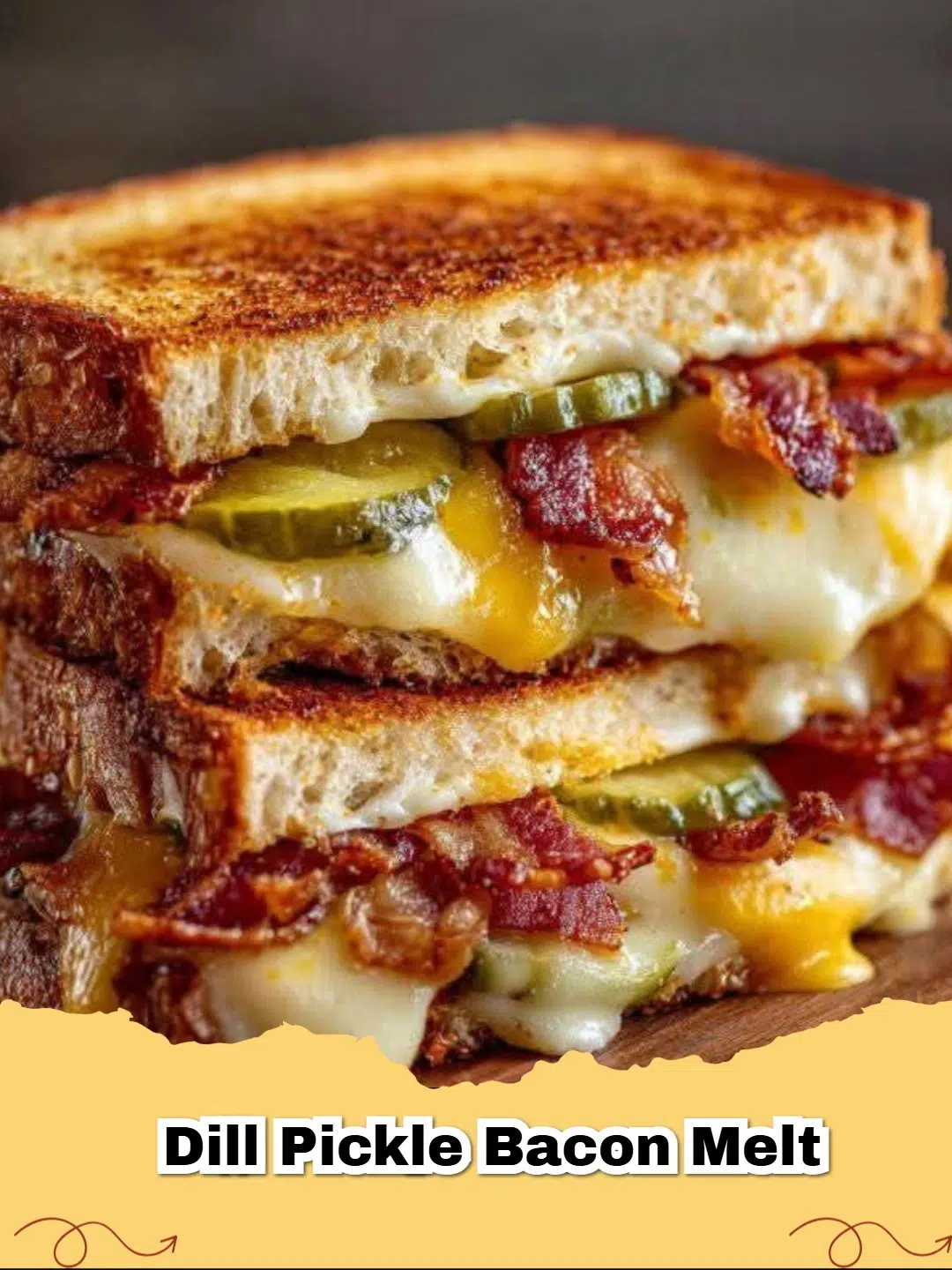 Close-up of a golden-brown Dill Pickle Bacon Melt, sliced in half, revealing crispy bacon, melted cheese, and vibrant dill pickle slices.