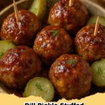 Close-up of baked dill pickle stuffed meatballs on a serving platter with a creamy dip.