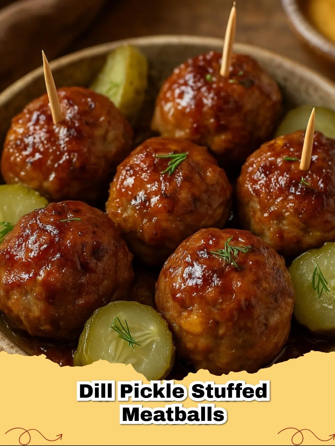 Close-up of baked dill pickle stuffed meatballs on a serving platter with a creamy dip.