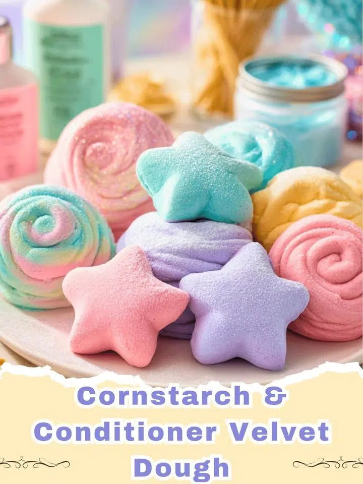 Close-up of fluffy DIY velvet cornstarch conditioner playdough in vibrant colors, perfect for kids sensory play