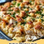 Dolly’s Chicken and Stuffing Casserole, a golden-brown comfort food dish with tender chicken and savory herb stuffing.